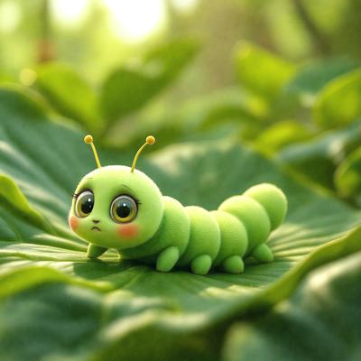 The primary subject of the image is a green caterpillar with big eyes, sitting on a leaf. The setting is a leaf-filled forest, with the caterpillar surrounded by a variety of leaves. The visual style is a digital illustration, giving the image a vibrant and lively appearance. The colors and mood are predominantly green, with the caterpillar being the focal point of the scene.